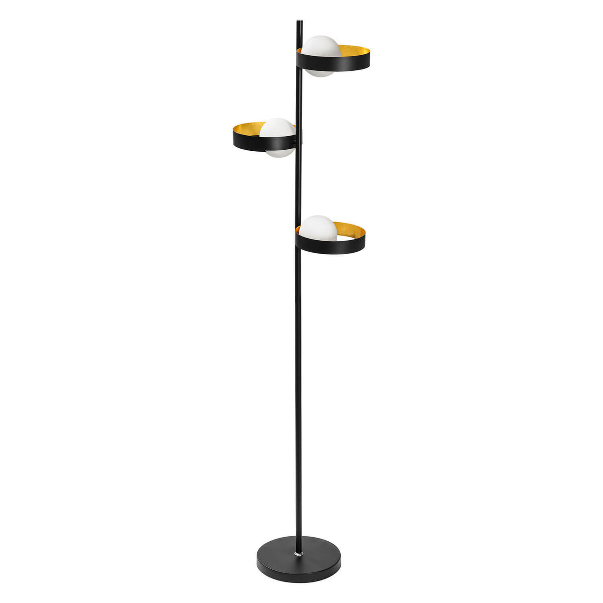 Lampadaire noir à trois globes blancs et coupelles dorées sur tige fine.