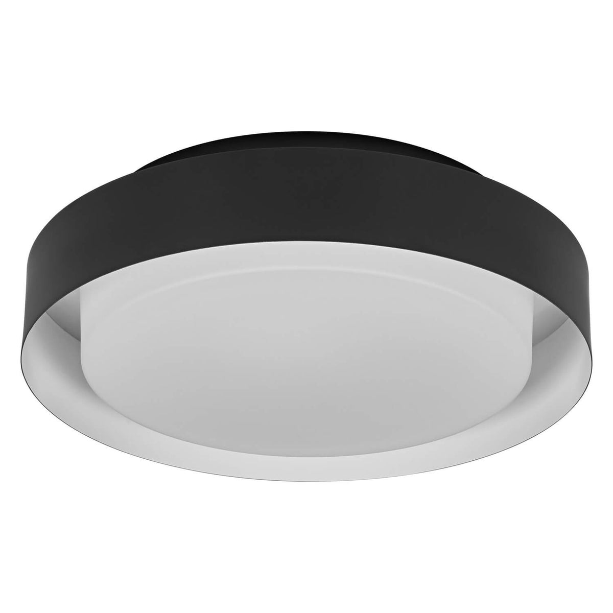 Plafonnier rond noir et diffuseur blanc, présenté de trois quarts sur fond blanc.