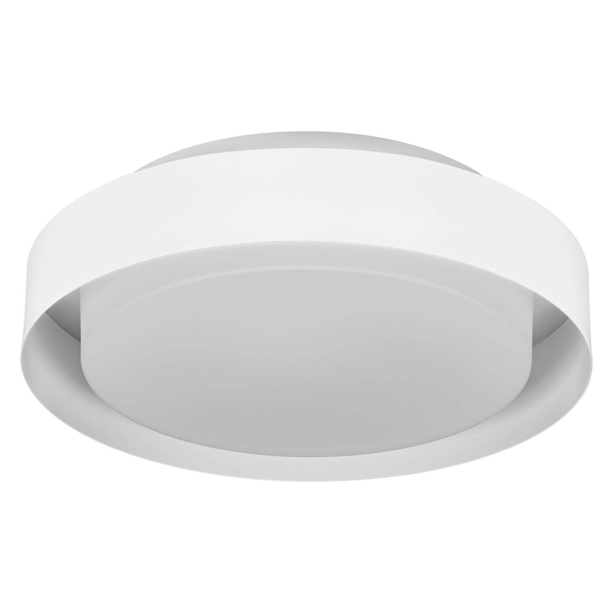 Plafonnier blanc rond vu de face, diffuseur central et anneau extérieur