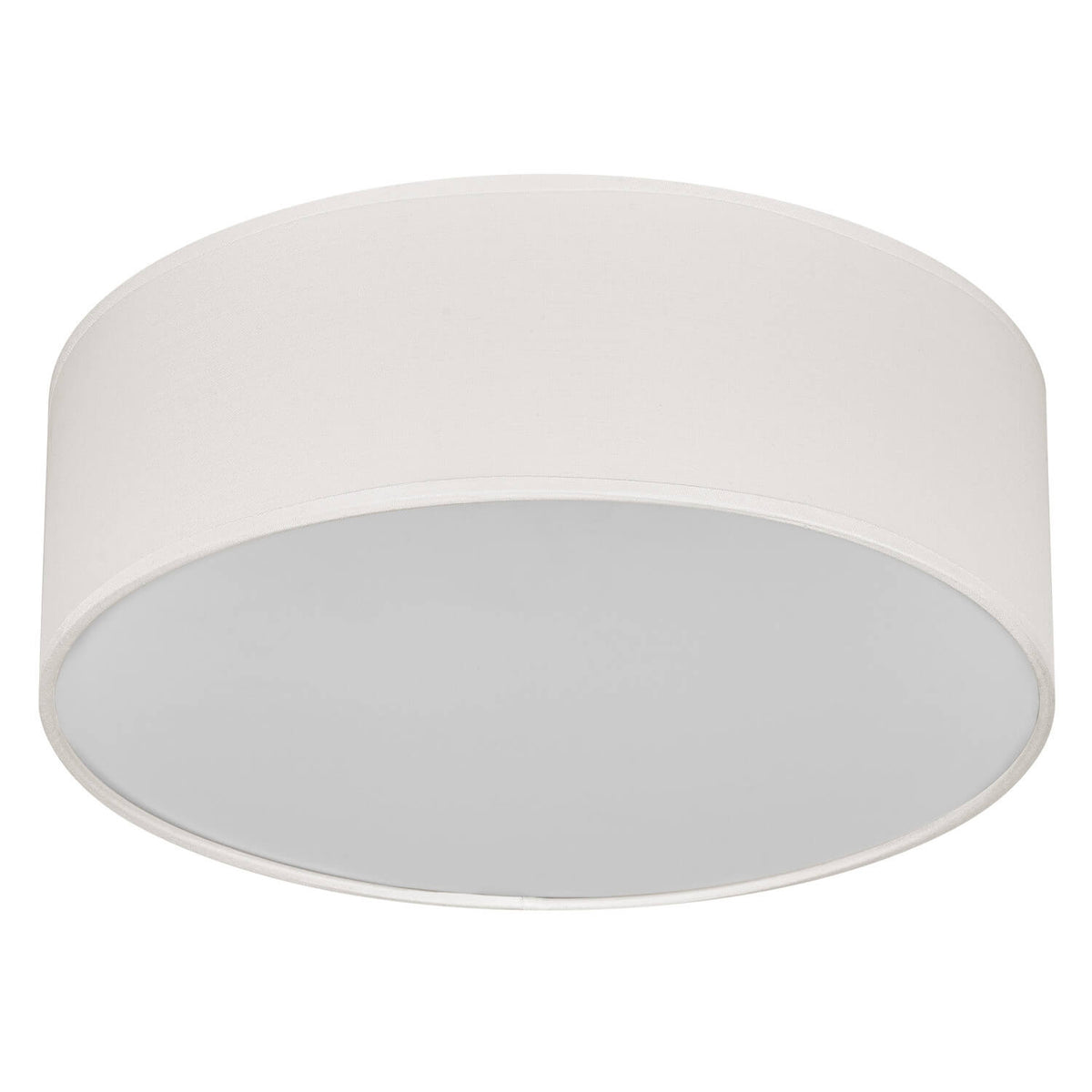 Plafonnier beige en tissu, abat-jour cylindrique et diffuseur blanc, vu de face