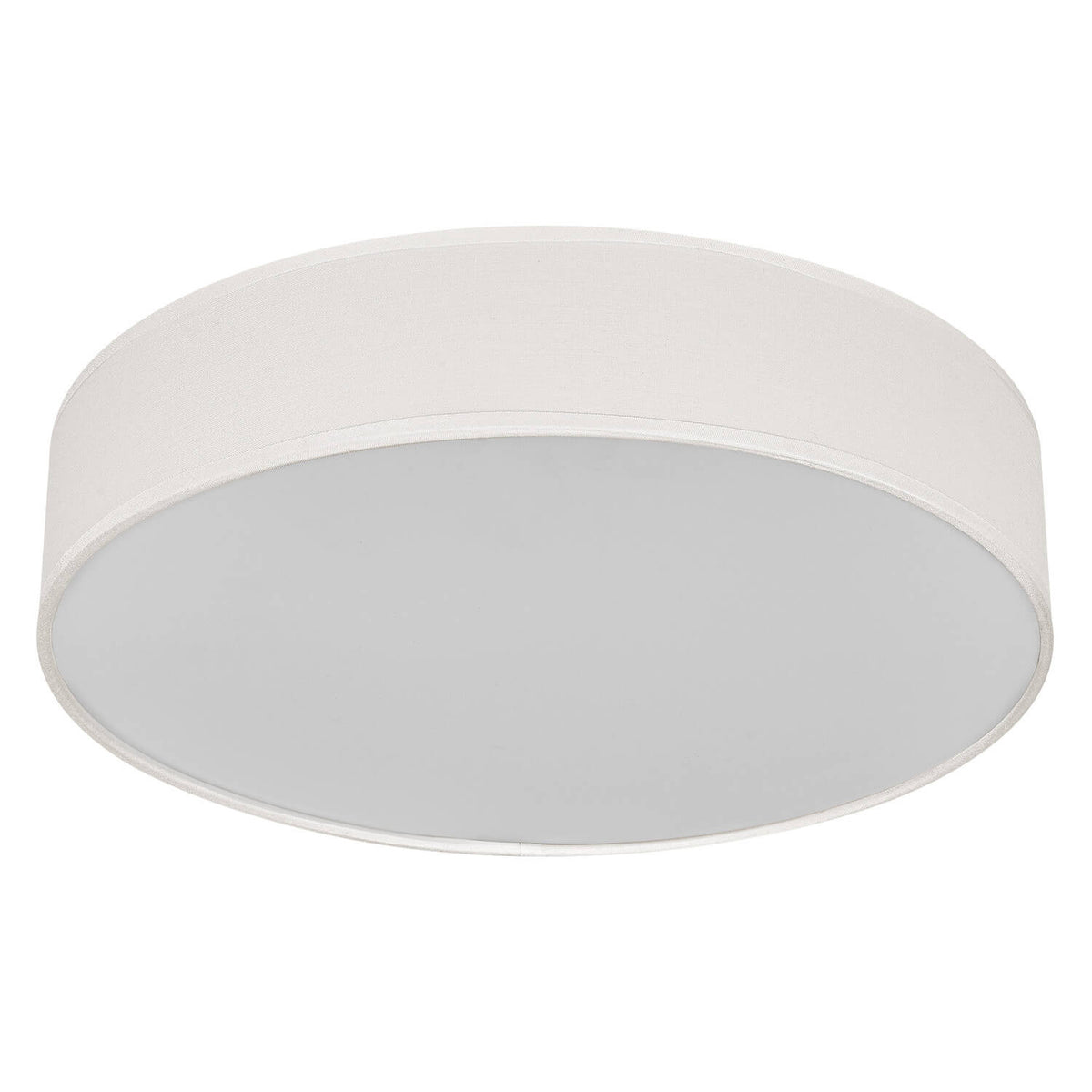 Vue de face du plafonnier rond en tissu beige avec diffuseur blanc.