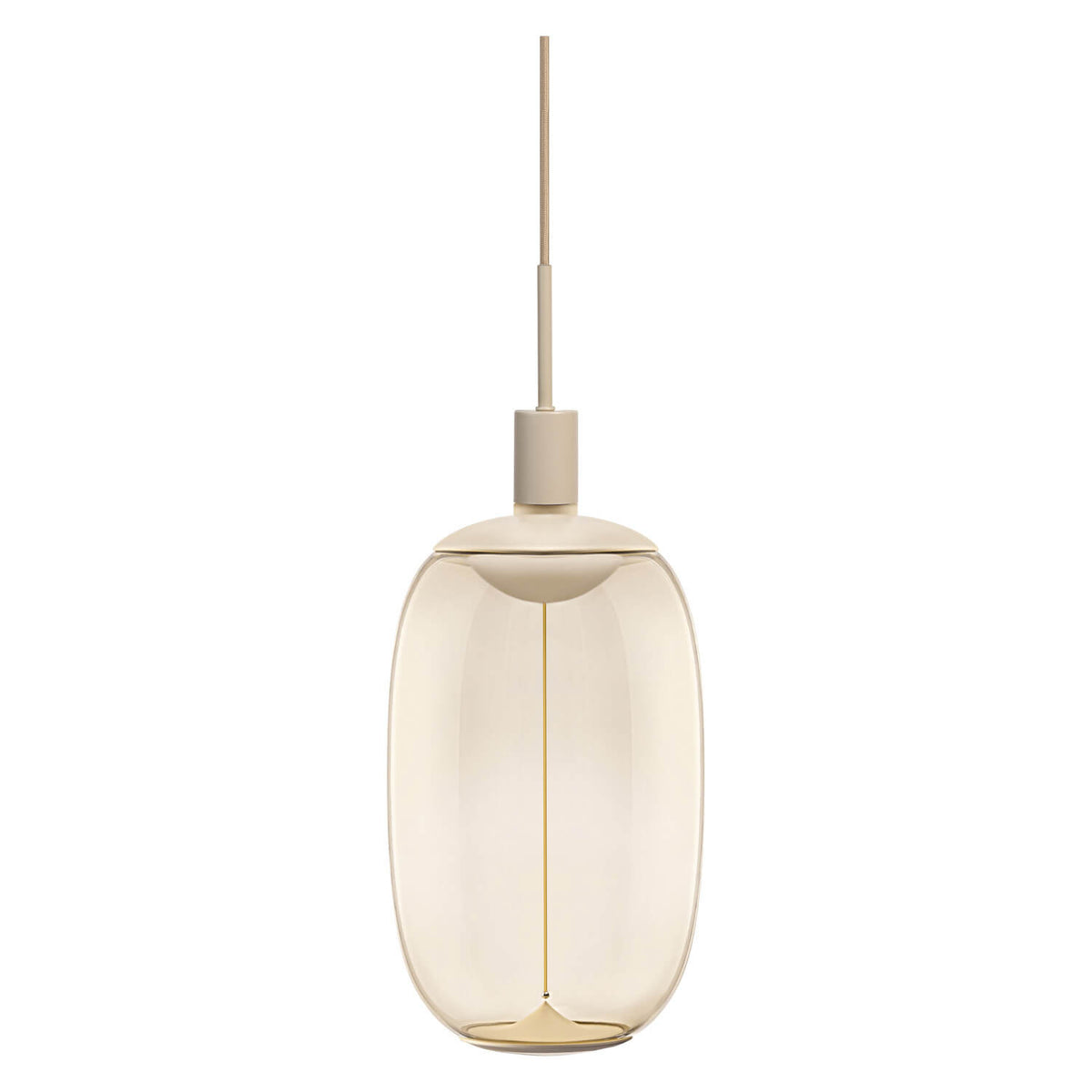 Suspension beige de face avec long câble et abat-jour ovale en verre.