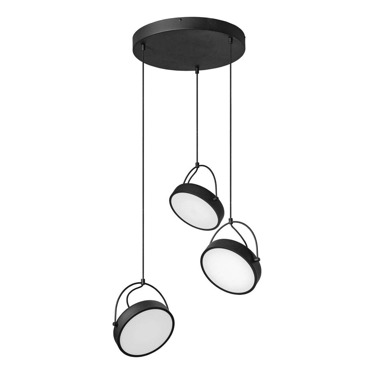 Suspension noire à trois disques blancs orientables, vue de face sur fond blanc.