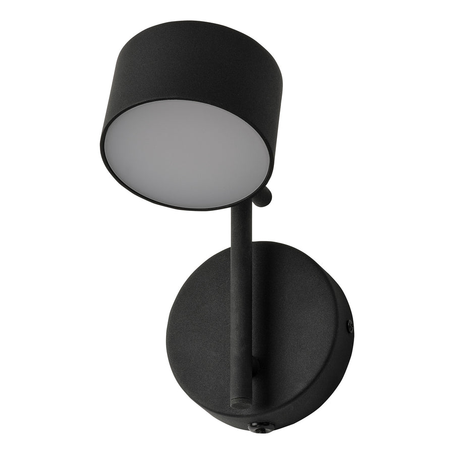 Applique murale noire vue de face, abat-jour cylindrique et base ronde.