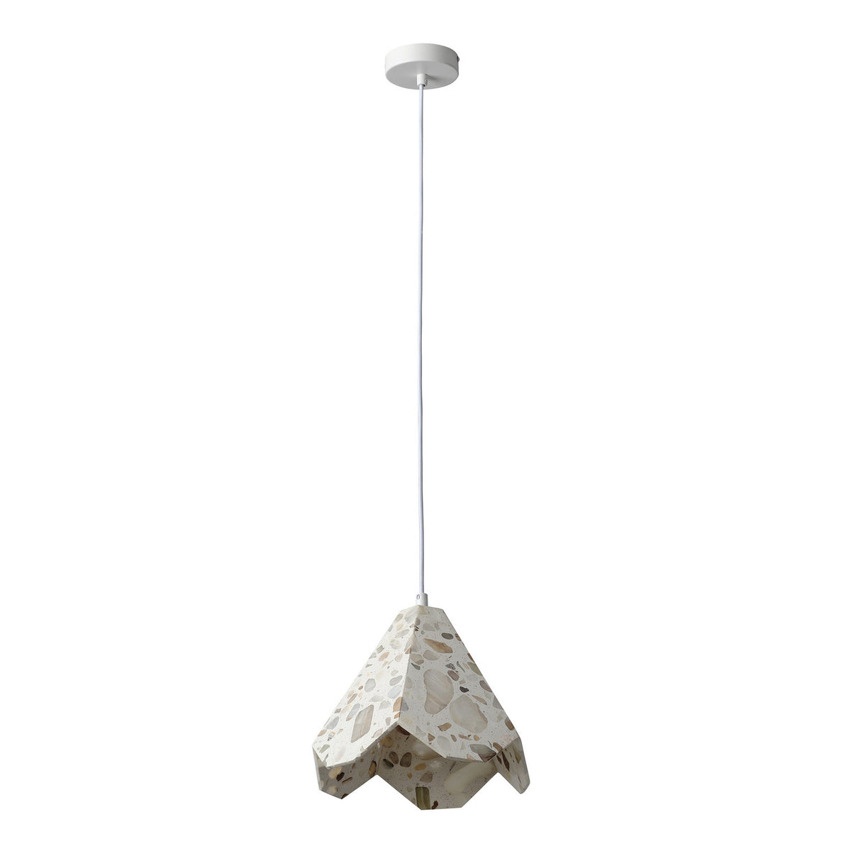 Suspension blanche et beige vue de face sur fond blanc avec câble fin et rosace.