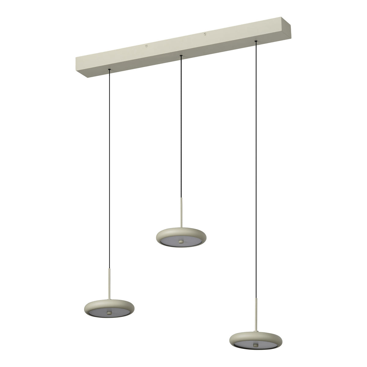 Suspension beige vue de face, trois luminaires ronds suspendus à un rail rectangulaire.