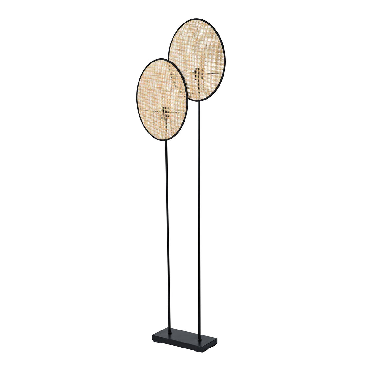 Lampadaire à deux grands disques ovales en cannage beige sur base noire.
