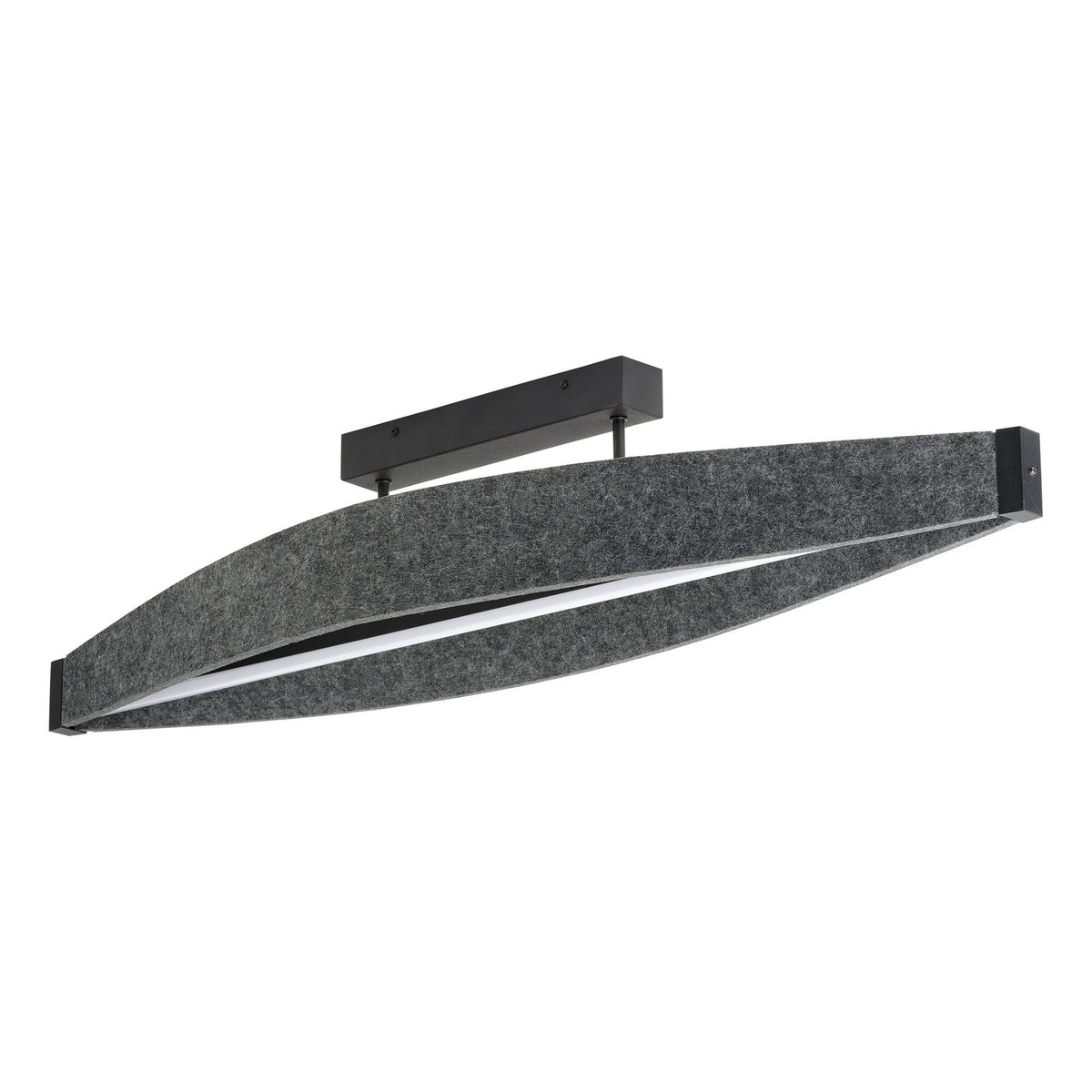 Produit de face, vue en perspective du plafonnier en feutre anthracite et métal noir.