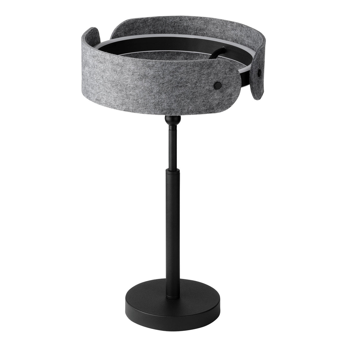 Lampe à poser de face, abat-jour cylindrique en feutre anthracite et pied métal noir