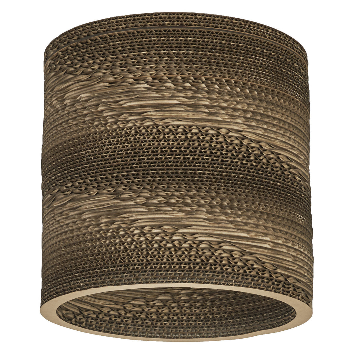 Vue de face du plafonnier cylindrique en carton marron sur fond blanc.