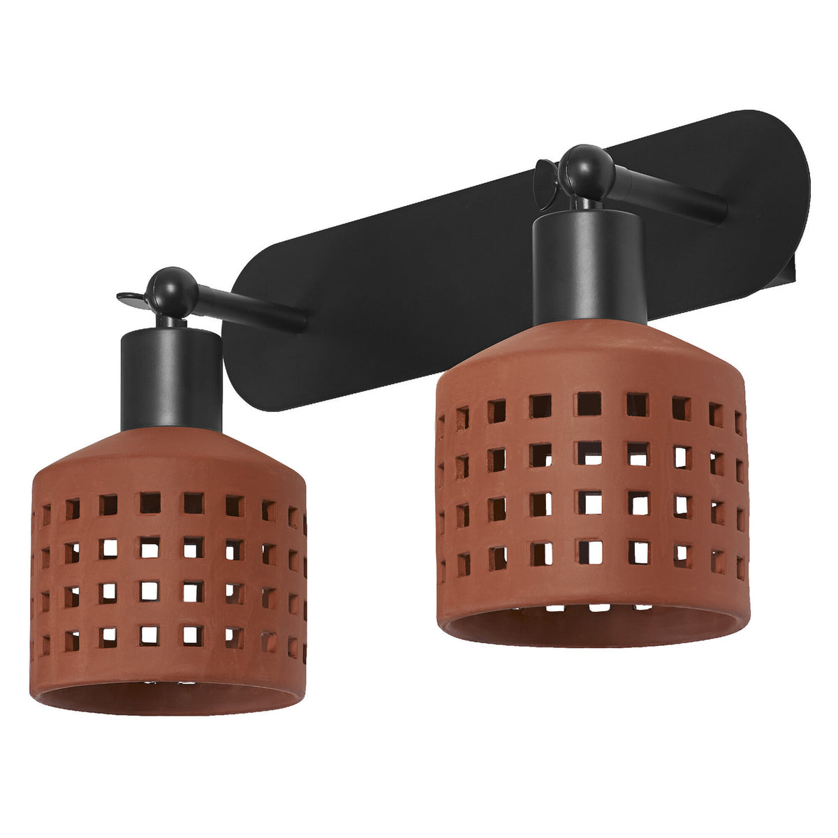 Vue produit de face de l'applique double à deux abat-jours terracotta perforés.