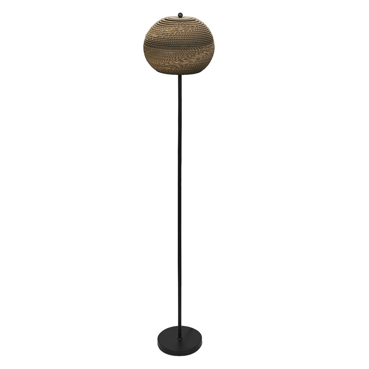 Lampadaire à abat-jour boule en carton marron et piètement noir, sur fond blanc.