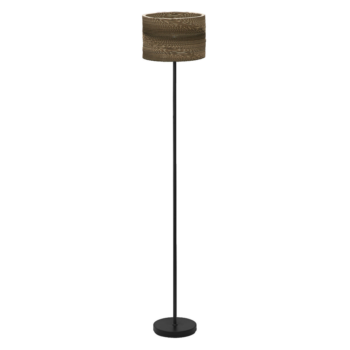 Lampadaire complet sur fond blanc, abat-jour cylindrique en carton brut et pied noir.