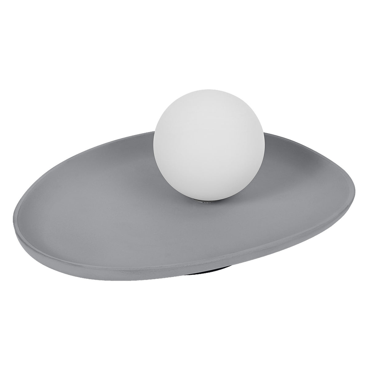 Lampe à poser grise à socle ovale et globe blanc, isolée sur fond blanc.