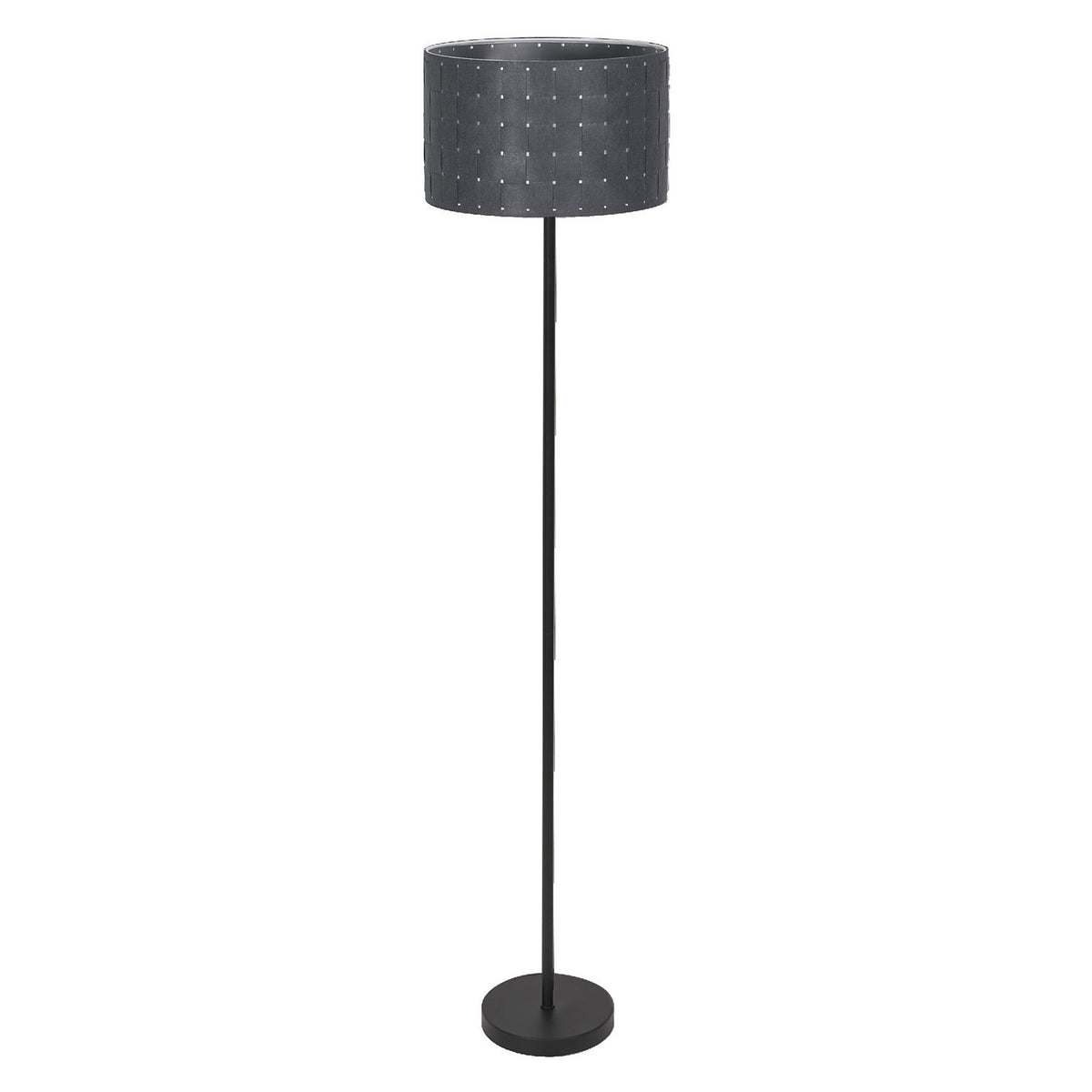 Lampadaire anthracite à abat-jour cylindrique en feutre tissé perforé, sur fond blanc.