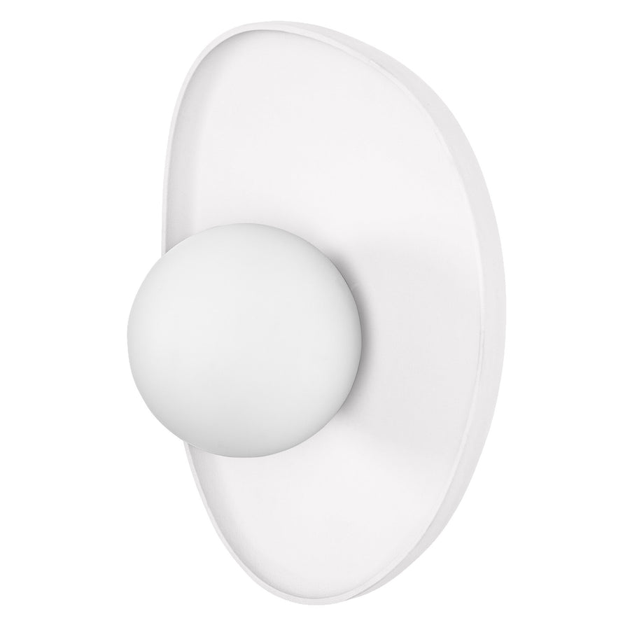 Applique murale blanche de face, plaque ovale et globe central en verre opalin.