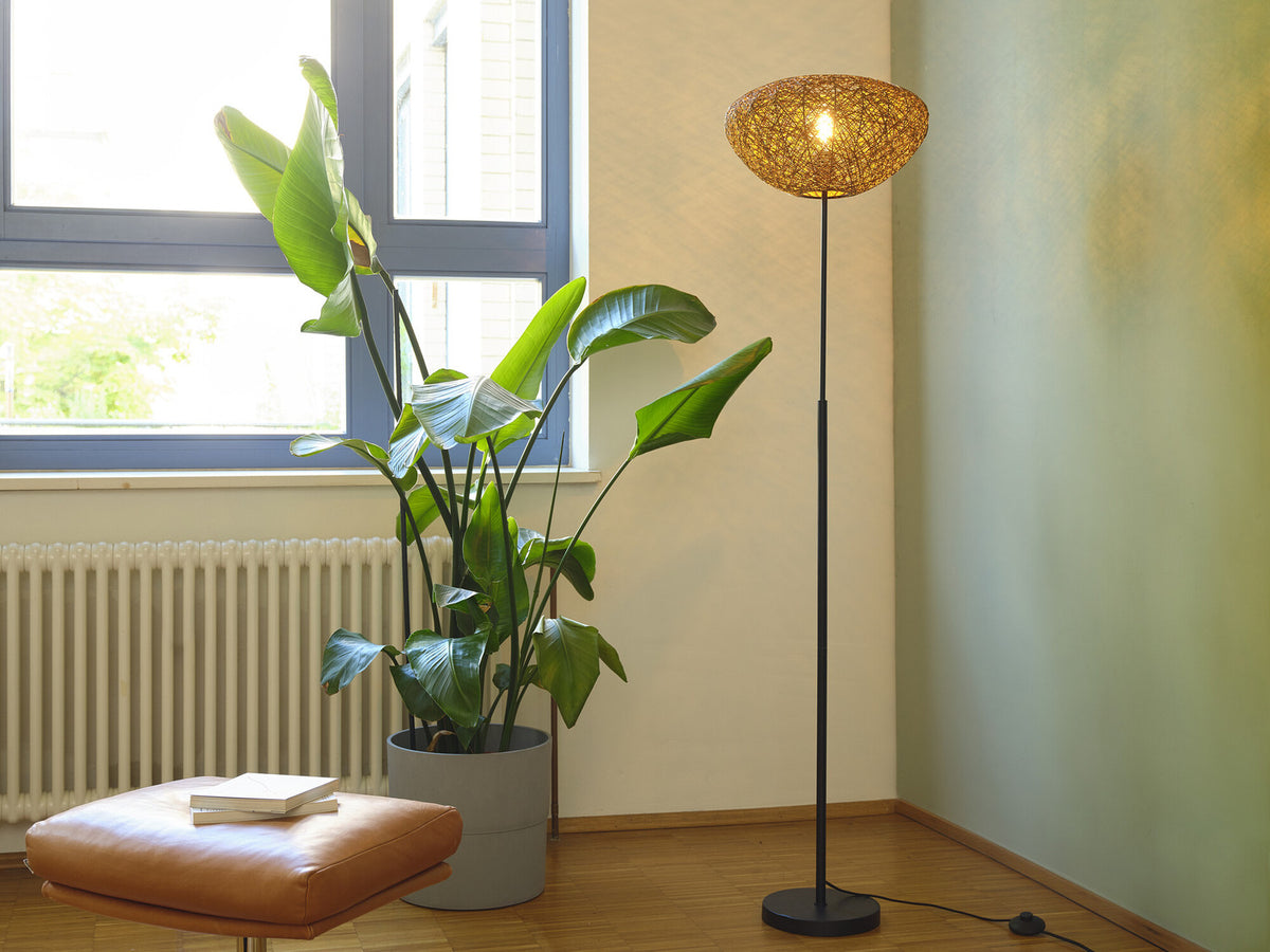Mise en ambiance dans un salon clair, lampadaire allumé près d’une grande plante verte.