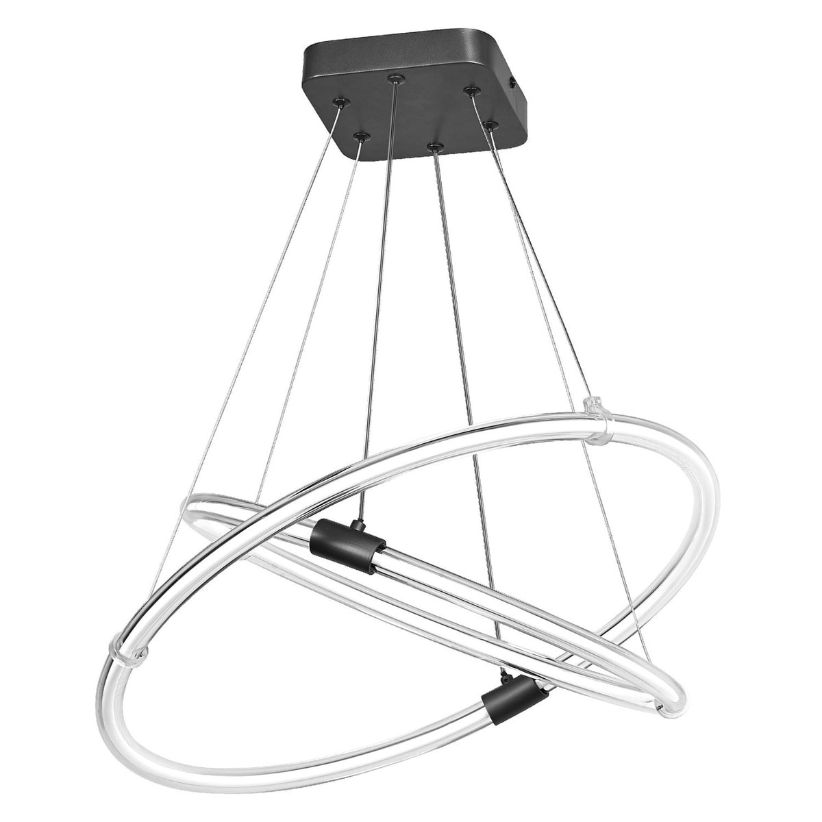 Suspension anthracite à deux anneaux ovales lumineux entrelacés, vue produit sur fond blanc.