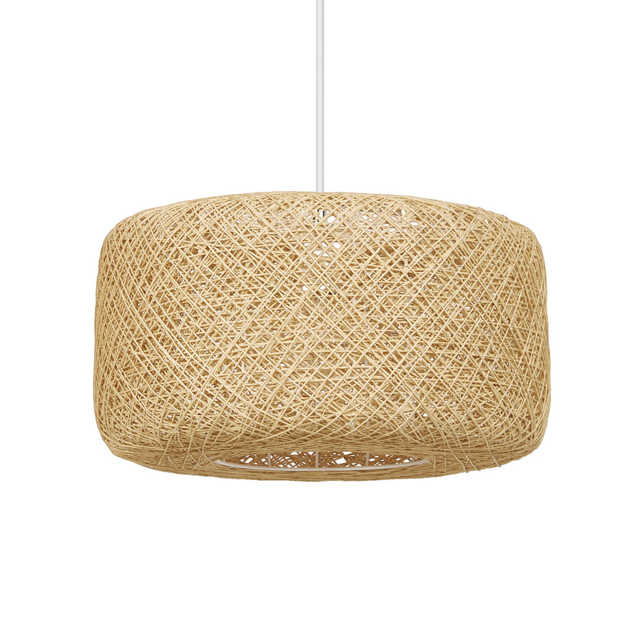 Suspension beige en papier tressé, vue de face sur fond blanc.