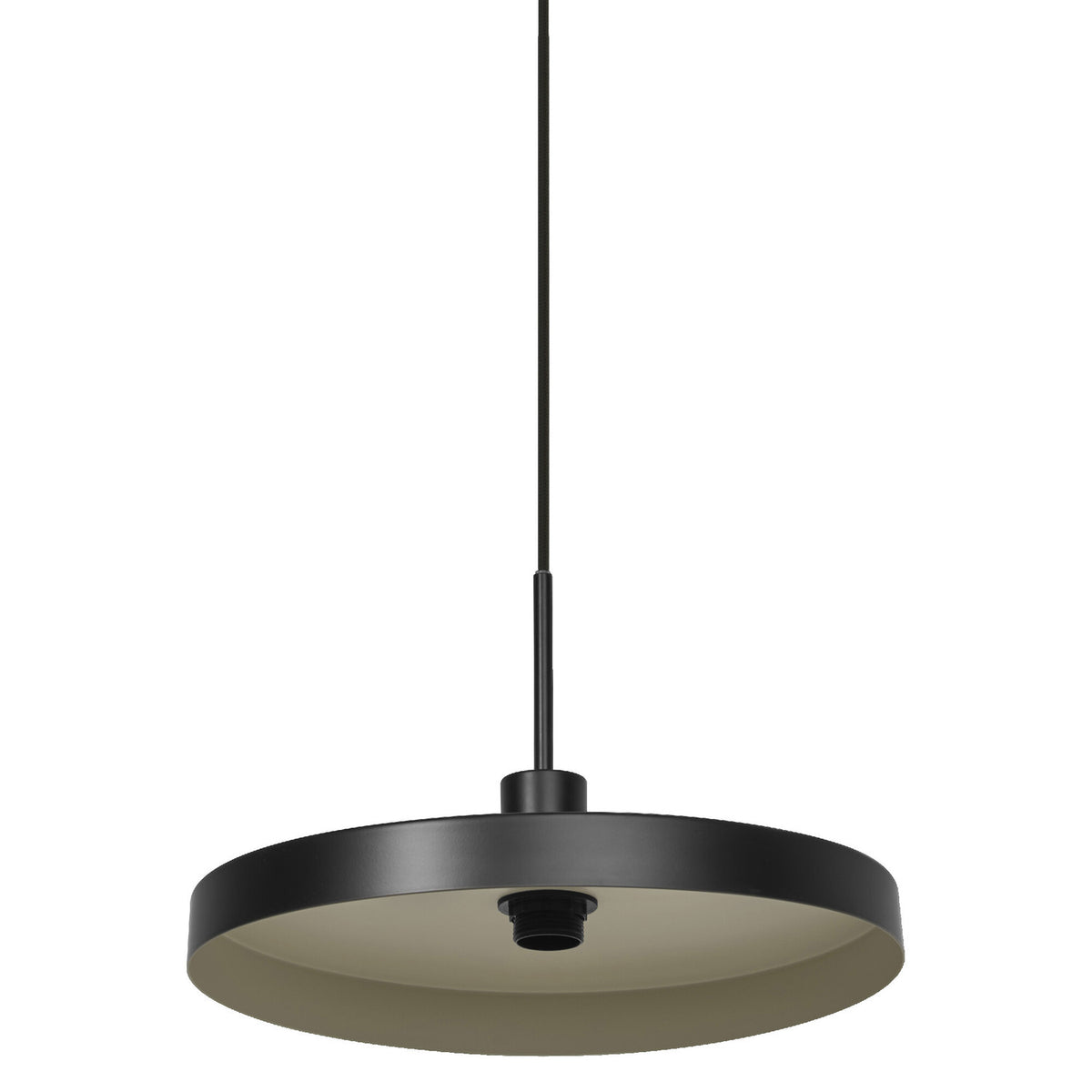 Suspension plate noire vue de dessous, intérieur beige, sur fond blanc.