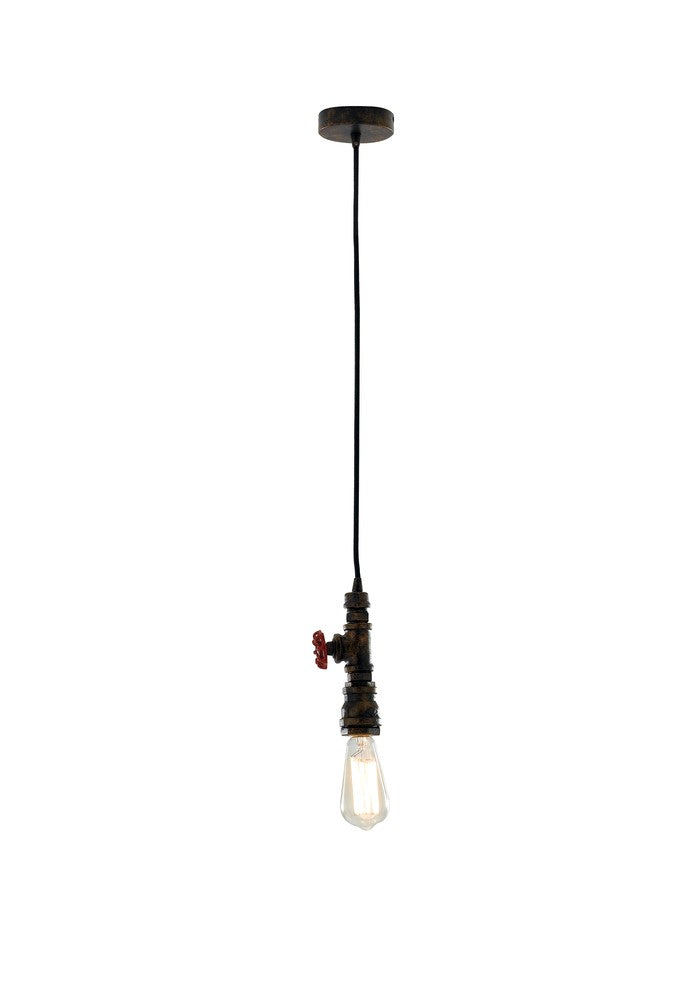 Suspension industrielle présentée de face sur fond blanc, câble et raccord rouillé.