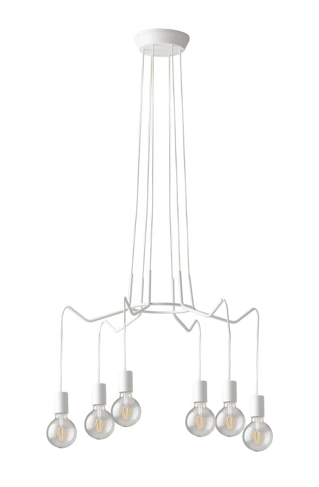 Vue rapprochée du luminaire montrant la structure métallique blanche et les culots