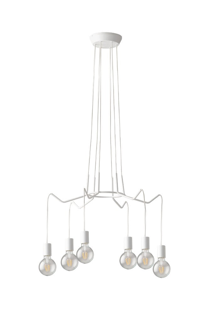 Lustre présenté sur fond blanc, détaillant les câbles fins et ampoules transparentes