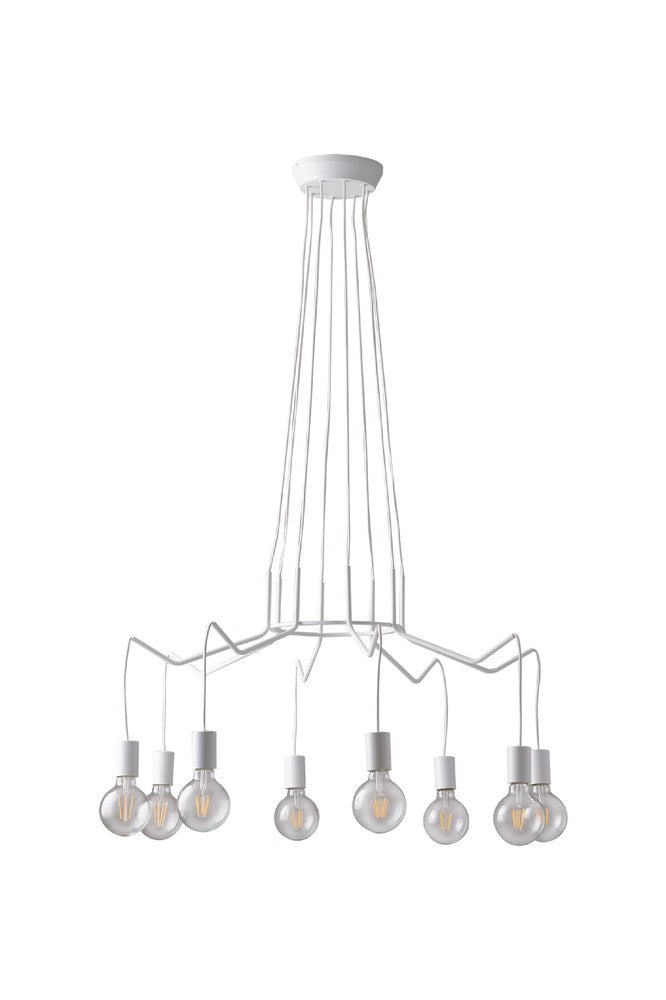 Lustre blanc présenté en entier sur fond clair, silhouette élancée à huit ampoules