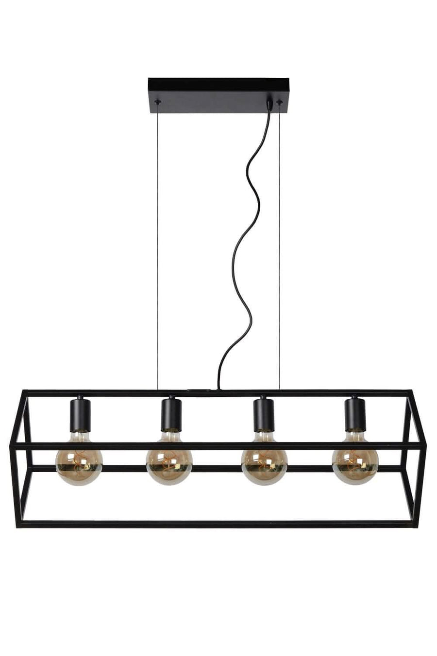 Vue de face du luminaire sur fond blanc, quatre ampoules alignées et platine rectangulaire