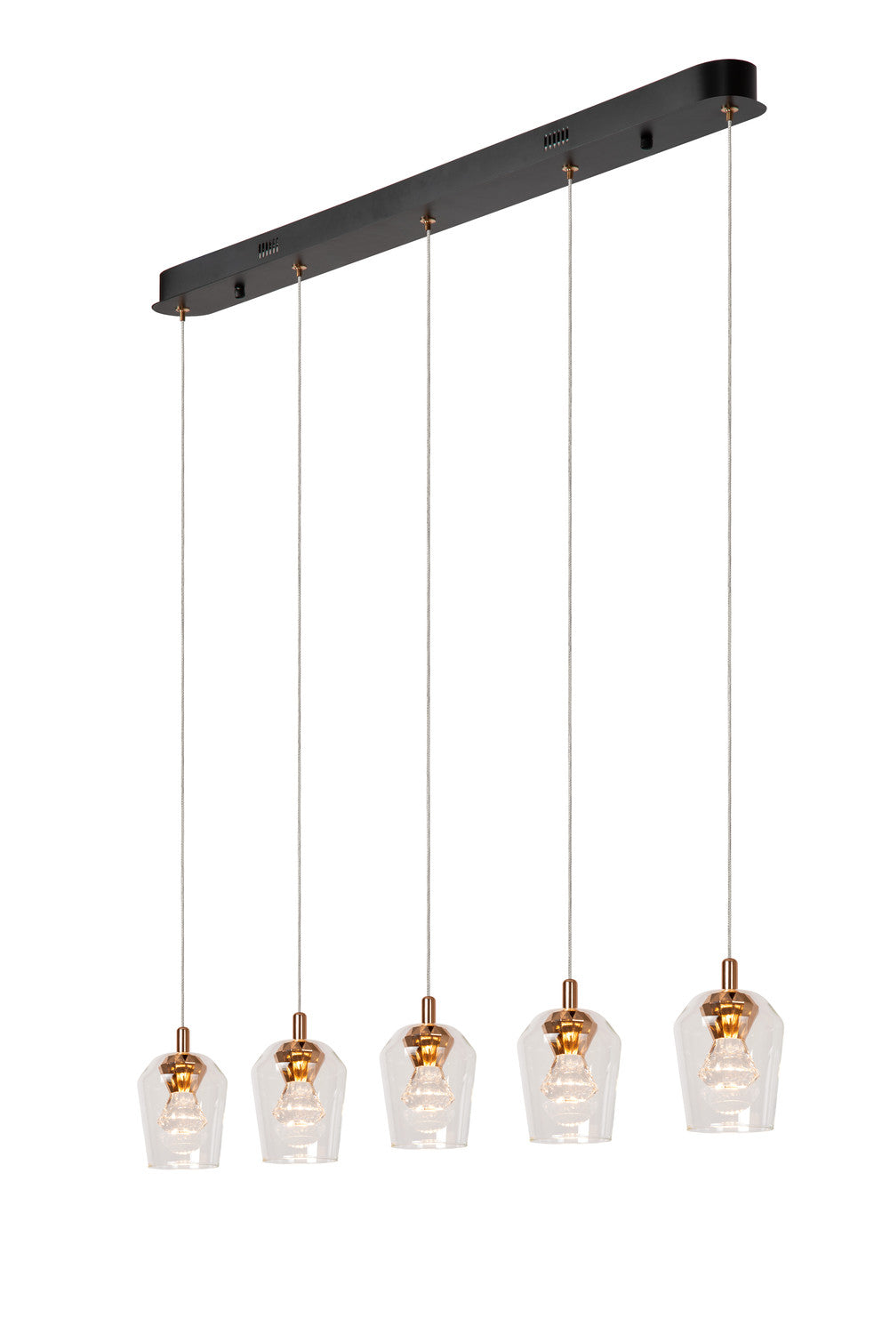 Vue en perspective du luminaire suspendu, révélant la longueur de la barre et l'alignement des verres.