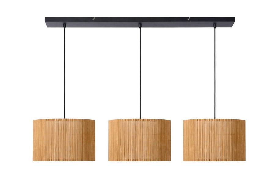 Suspension Magius 3 lumières bois clair et noire, rotin