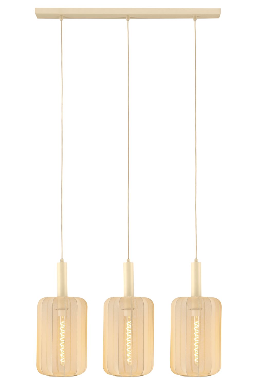 Vue de face de la suspension complète avec trois abat-jours textiles beiges et câbles.