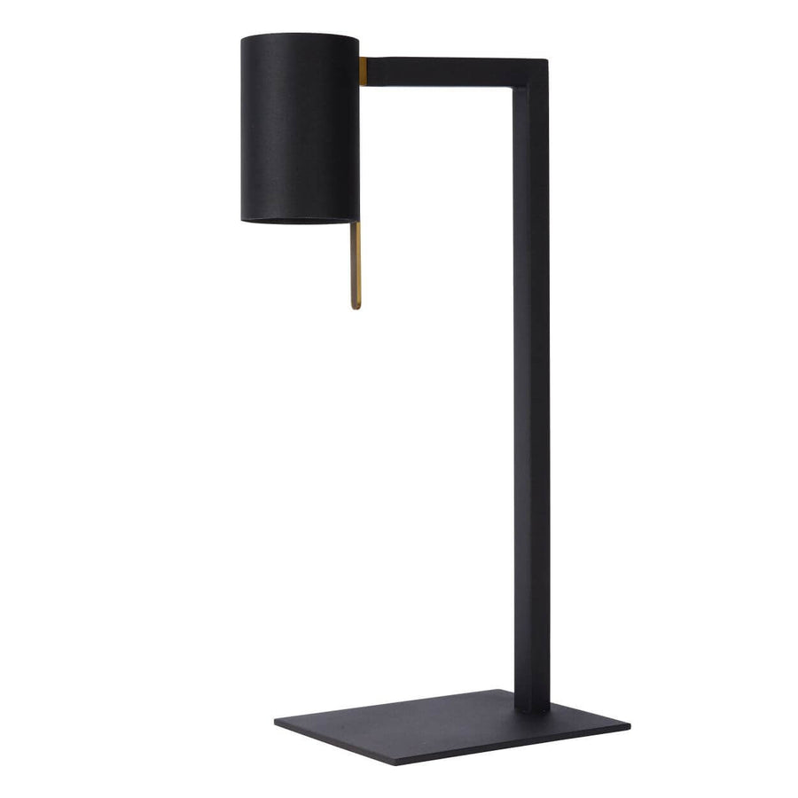 Vue d'ensemble sur fond blanc de la lampe de bureau noire, structure fine et socle carré.