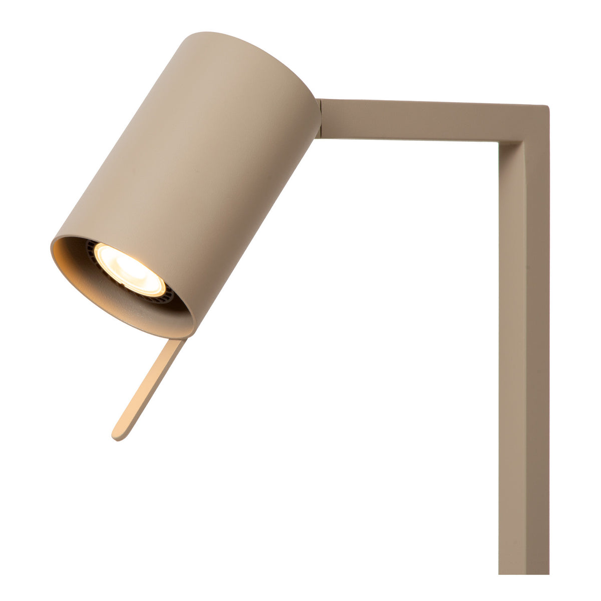 Détail de la tête cylindrique allumée avec ampoule LED intégrée.