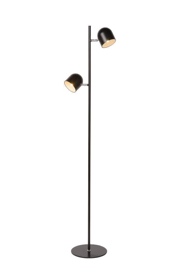 Lampadaire noir sur fond blanc, mettant en valeur la tige et les abat-jours.