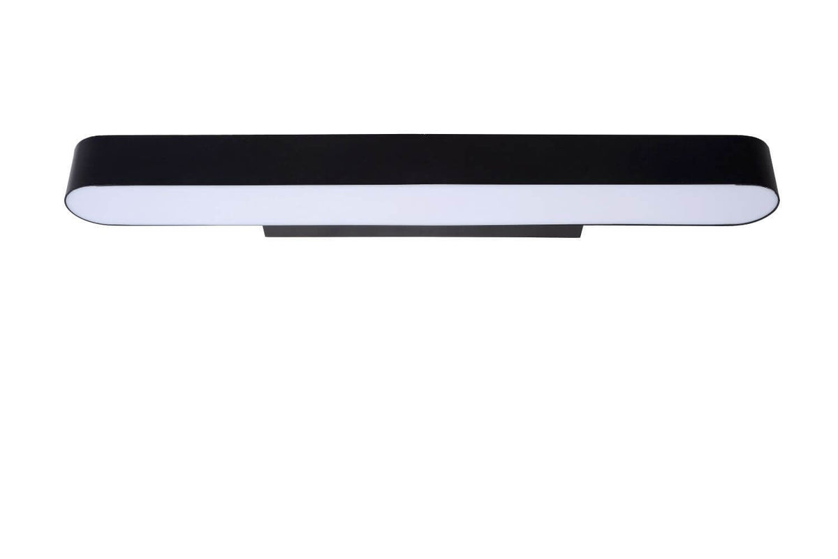 Vue de face de l'applique murale noire, diffuseur opale éteint sur fond blanc.