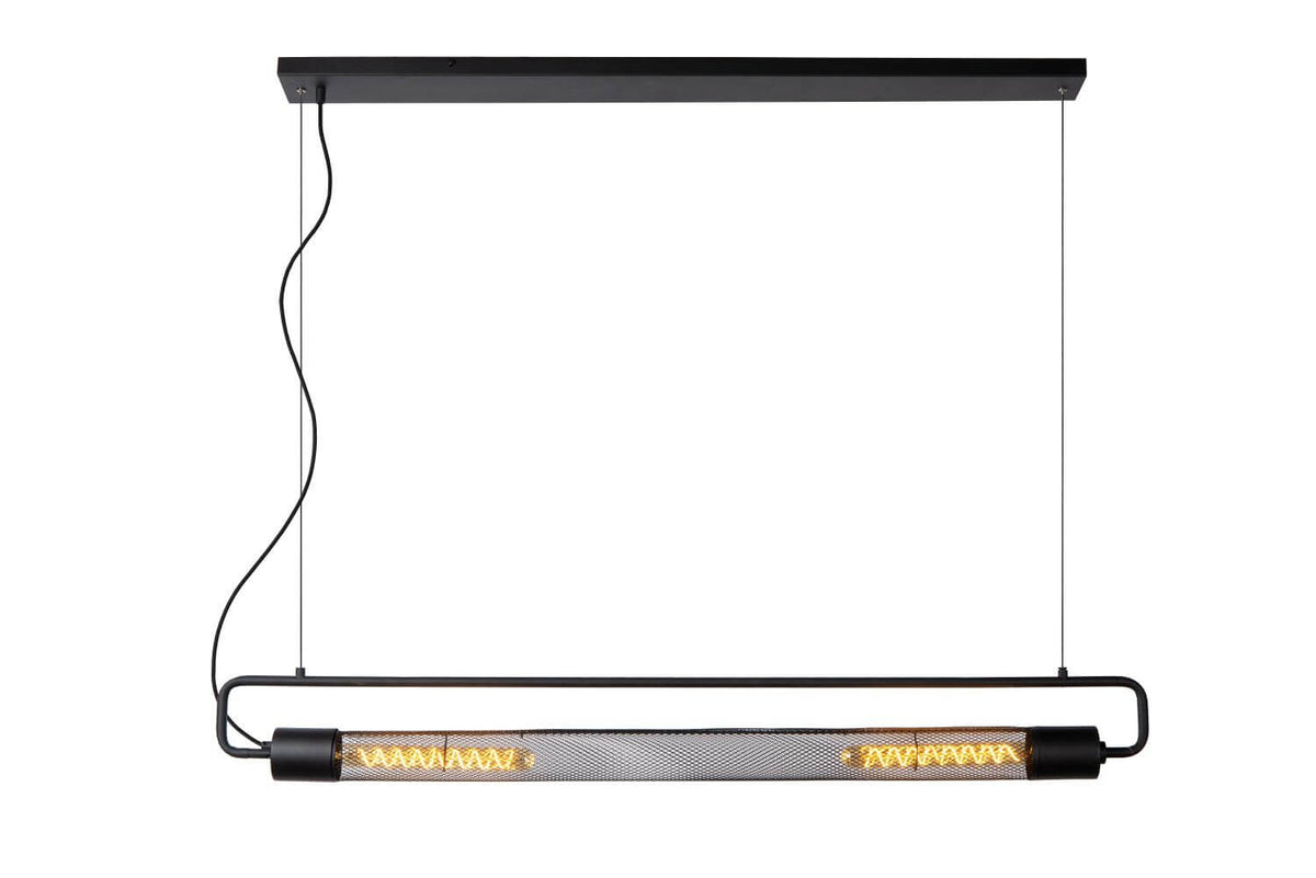 Vue de face du luminaire noir, deux ampoules filament allumées dans un long tube grillagé.