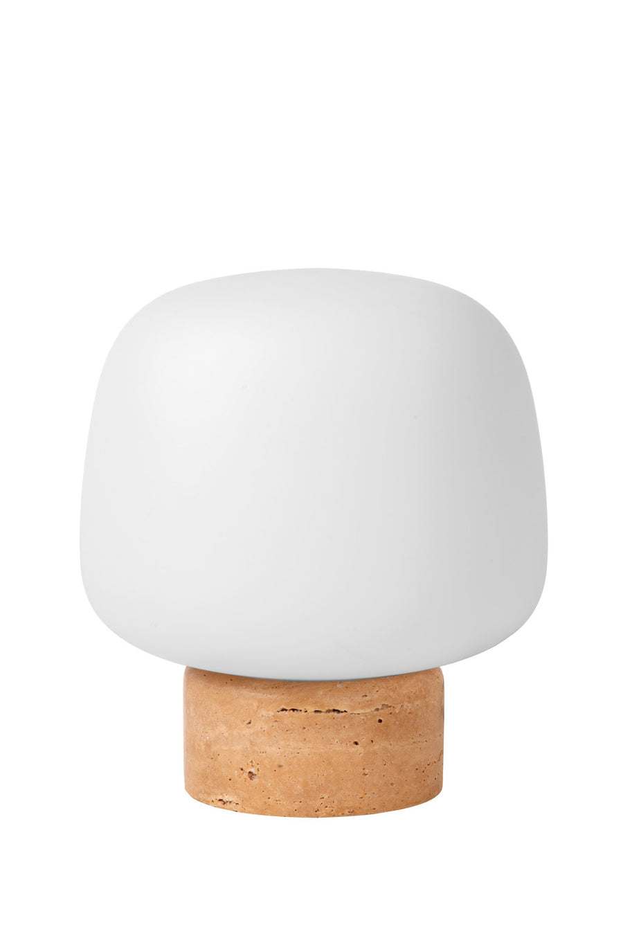 Lampe éteinte, verre opale blanc laiteux sur socle en pierre naturelle