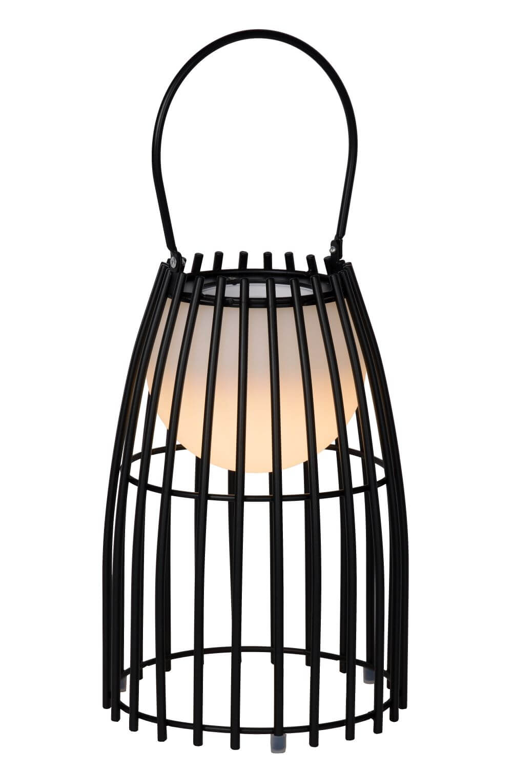 Lampe noire en cage avec sphère lumineuse, présentée de face sur fond blanc.
