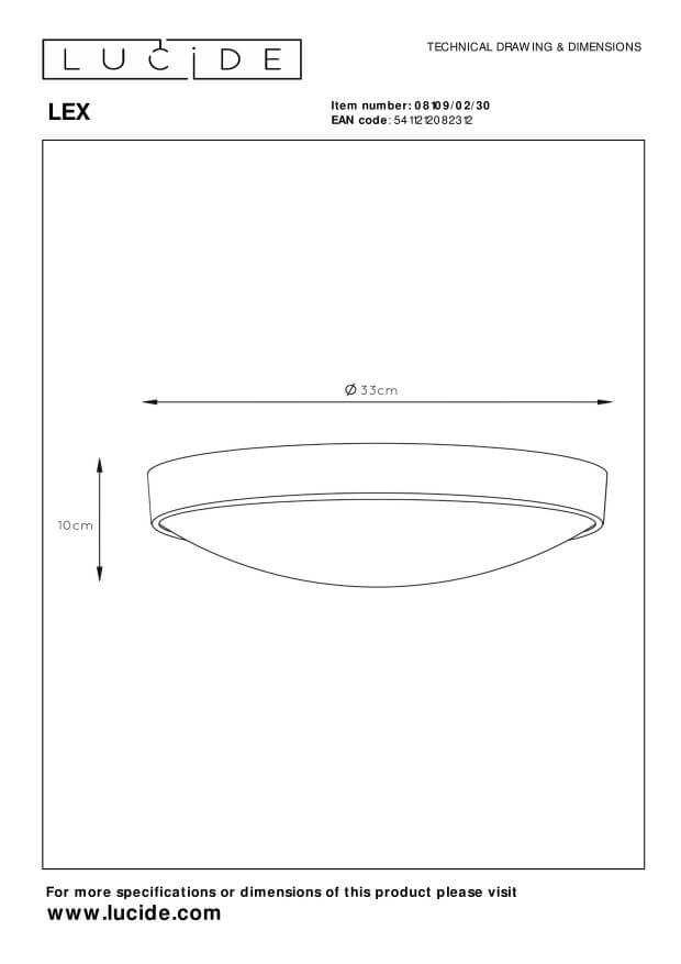 Schéma technique avec dimensions du plafonnier rond, diamètre et hauteur