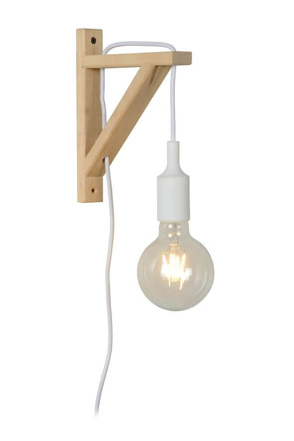 Produit seul sur fond blanc : applique murale en bois clair avec ampoule et câble.