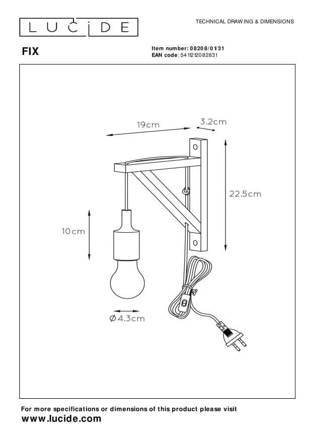 Schéma technique coté de l'applique FIX avec dimensions et câble d'alimentation.