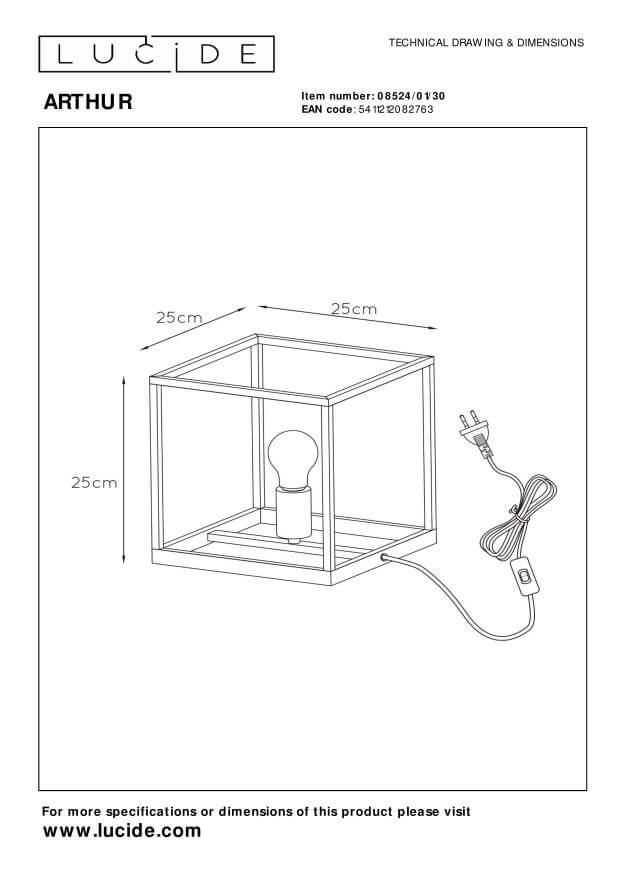 Schéma technique coté montrant un cube de 25 cm et le câble