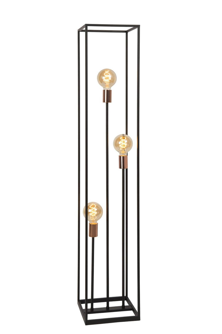 Lampadaire rectangulaire noir avec trois ampoules allumées sur fond blanc