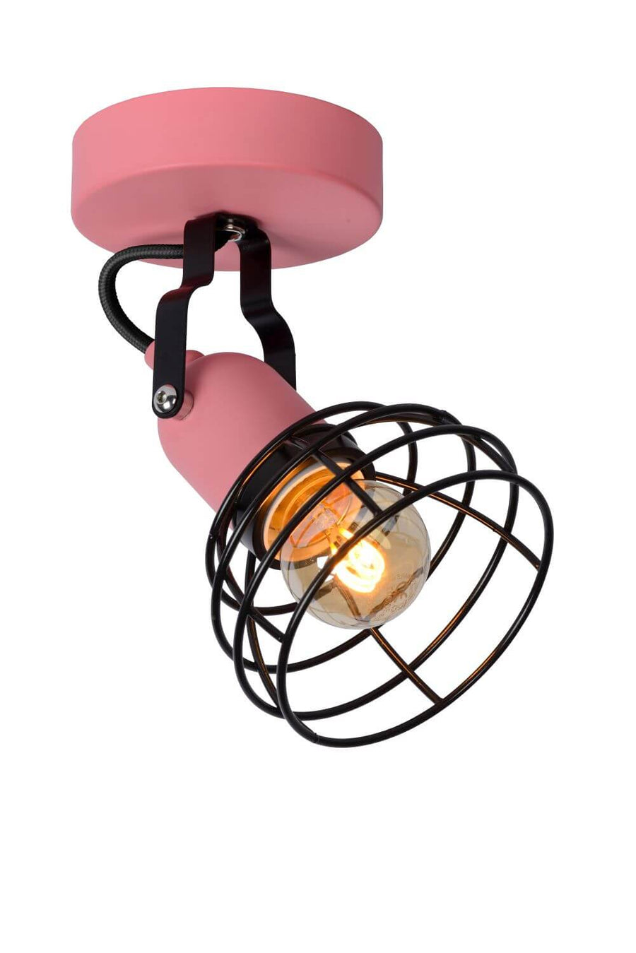 Vue de trois quarts du plafonnier rose avec cage noire sur fond blanc