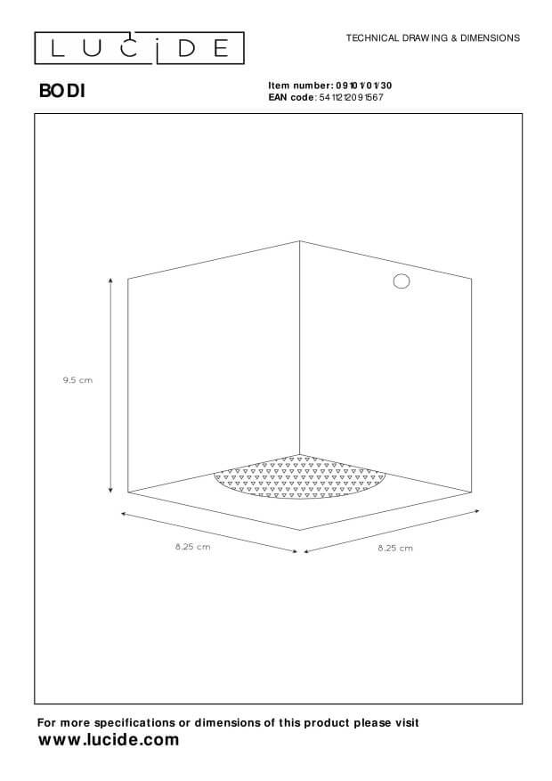 Schéma technique coté du luminaire carré avec hauteur 9,5 cm et largeur 8,25 cm.