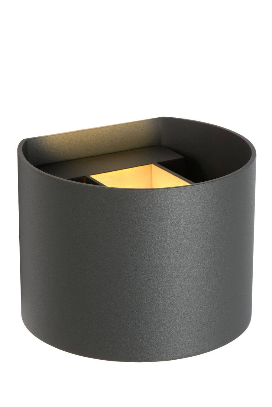 Produit seul vu de trois quarts, boîtier cylindrique gris et intérieur doré