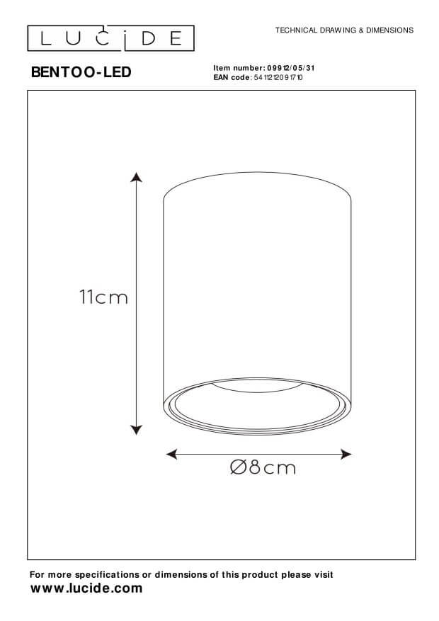 Schéma technique du plafonnier blanc avec cotes de hauteur et diamètre.