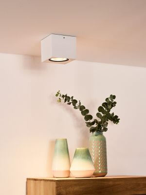 Plafonnier blanc carré fixé au plafond, au-dessus d'un meuble avec vases et eucalyptus.