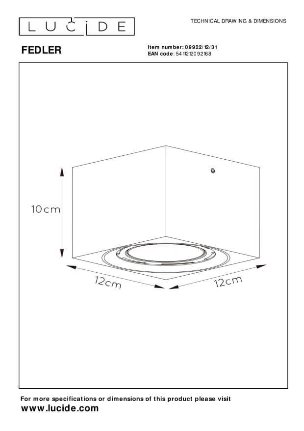 Dessin technique coté du plafonnier carré blanc avec ses dimensions en centimètres.
